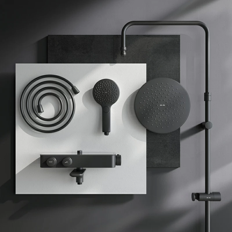 Душевая система AM.PM Inspire 2.0 F0750A522 стойка с тропическим душем, термостатом, смесителем, изливом, черная матовая
