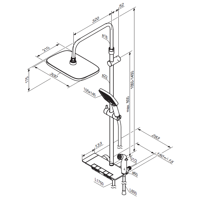 Душевая система Damixa Gala 953770300 стойка с тропическим душем, термостатом, смесителем, черная матовая