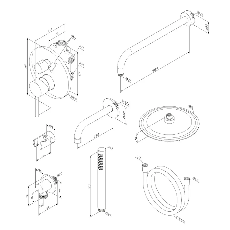 Встраиваемая душевая система Damixa Scandinavian Pure 936510000 хром: тропический верхний душ, ручной душ, излив