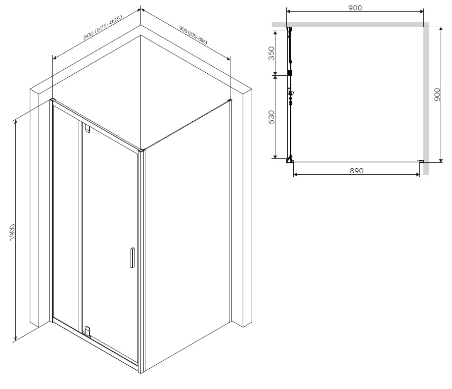 Душевое ограждение 90x90 см, без поддона Gem W90G-404-090MT, Хром, прозрачное