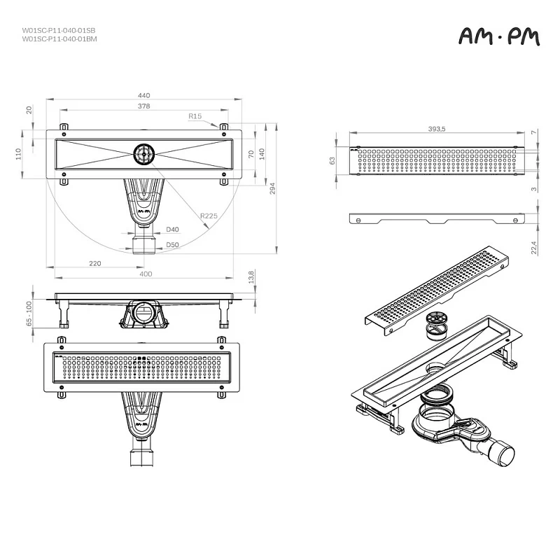 Душевой трап (лоток) 40 AM.PM MasterFlow W01SC-P11-040-01BM комбинированный затвор с черной матовой решеткой