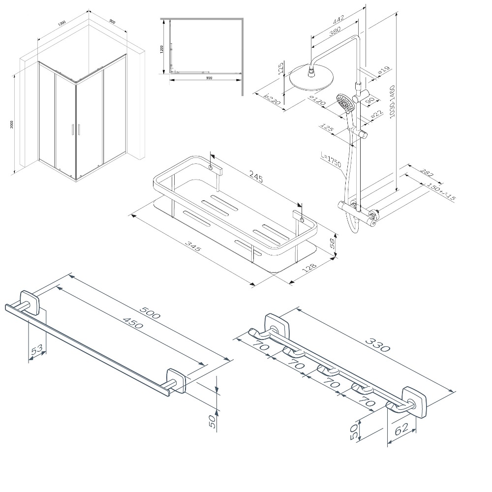 Комплект для ванной комнаты, зона помывочной 120x90 см Gem S WK93ES, Черный