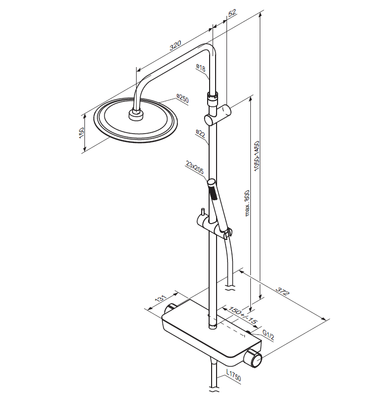 Душевая система Damixa Scandinavian Pure 936750300 стойка с тропическим душем, термостатом, смесителем, черная матовая