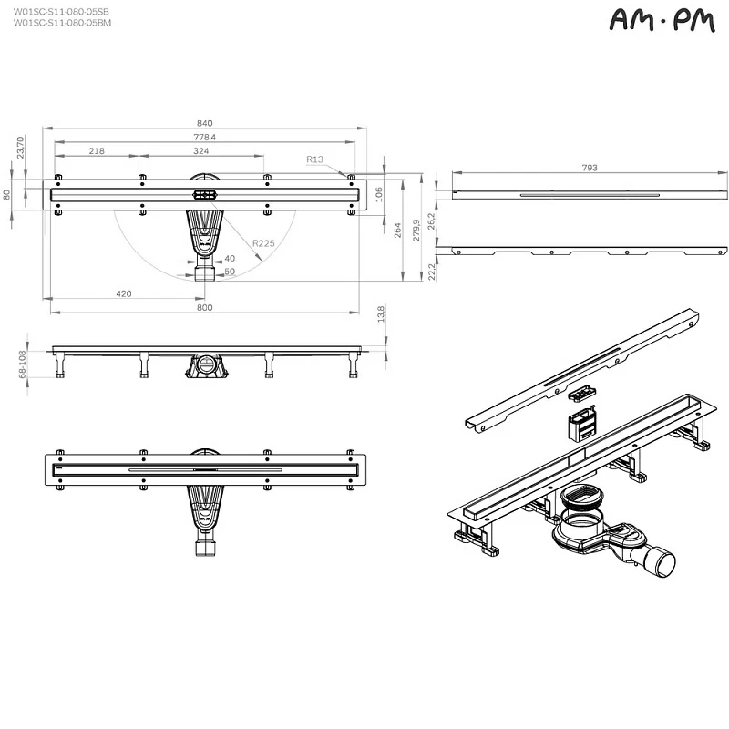 Душевой трап (лоток) 80 AM.PM MasterFlow Slim W01SC-S11-080-05BM комбинированный затвор с черной матовой решеткой