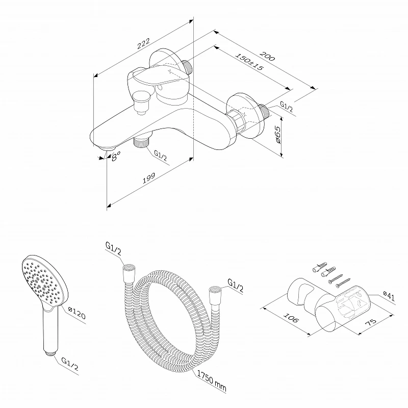 Смеситель для ванны и душа AM.PM Like F8015000 душевая лейка, шланг 1750, хром