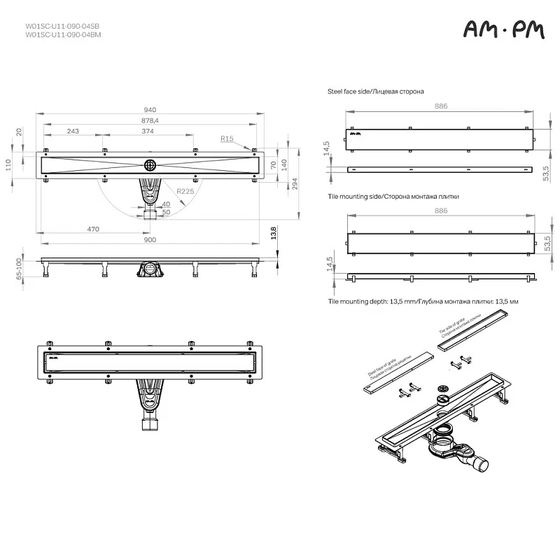 Душевой трап (лоток) 90 AM.PM MasterFlow W01SC-U11-090-04BM комбинированный затвор с черной матовой решеткой под плитку