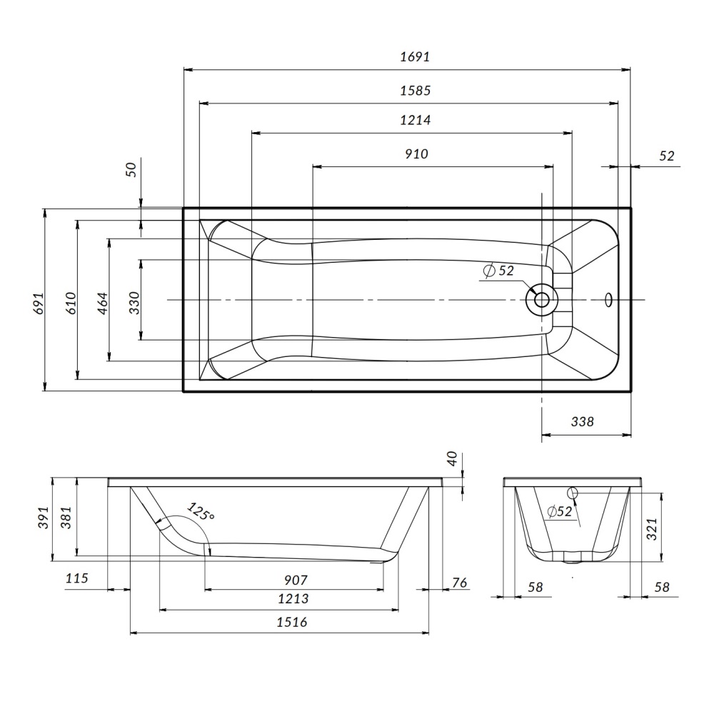 Ванна акриловая 170х70 см Gem W90A-170-070W-A1, Белый