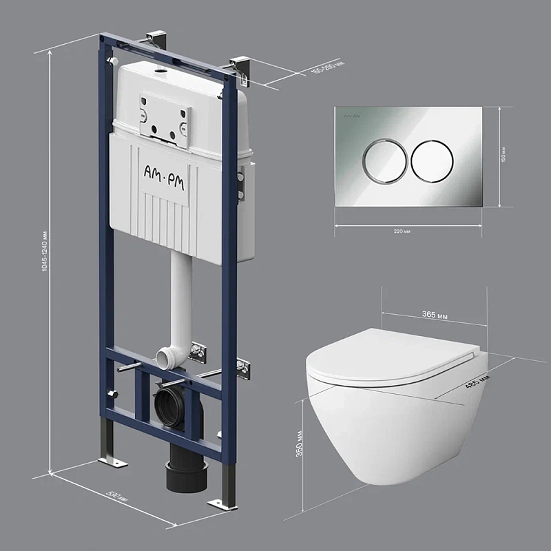 Унитаз подвесной безободковый с инсталляцией AM.PM Spirit 2.0 IS100151.701700 сиденьем микролифт, хром механ. клавишей