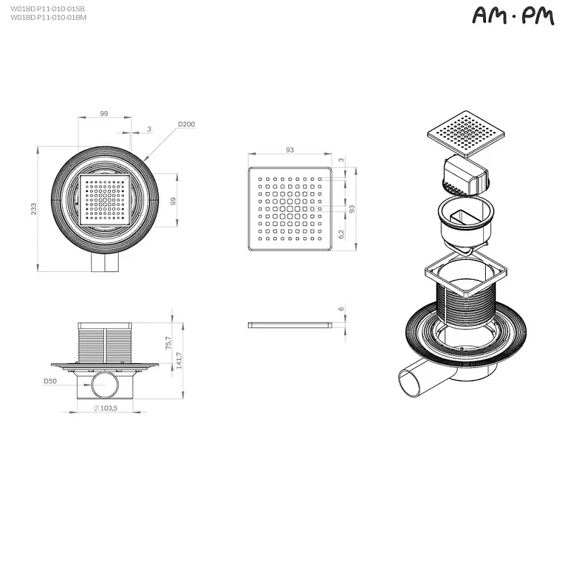 Душевой трап 10x10 AM.PM MasterFlow W01BD-P11-010-01BM комбинированный затвор с черной матовой решеткой
