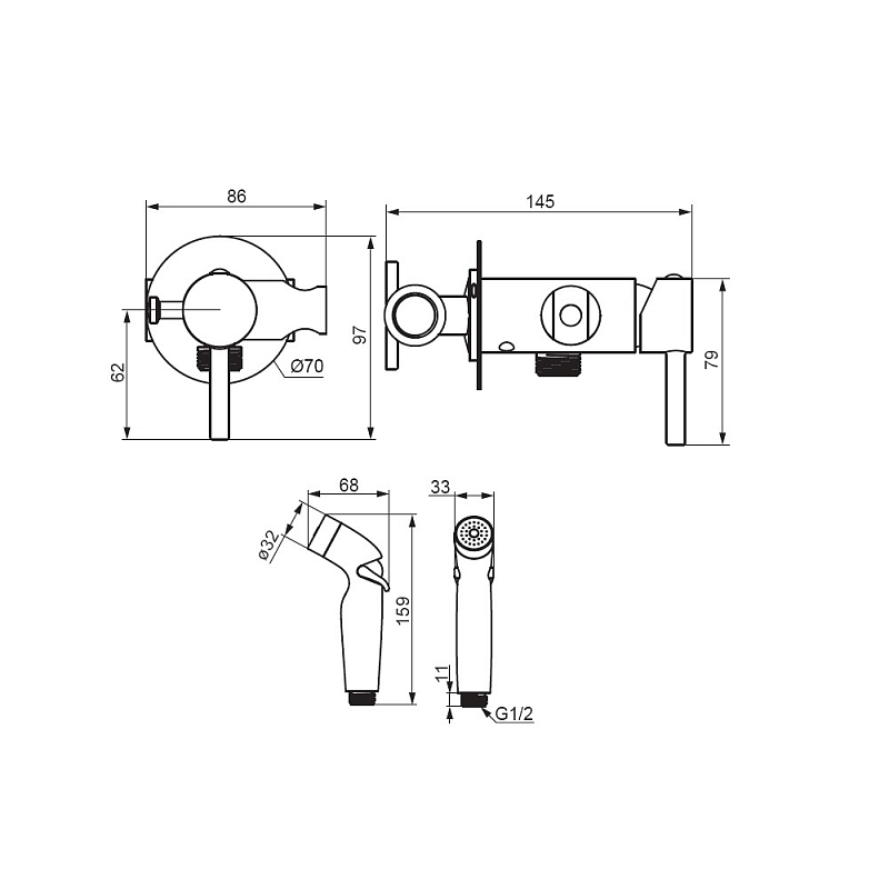 Гигиенический душ со смесителем Damixa Option 211000000 хром встраиваемый, шланг 1200, держатель