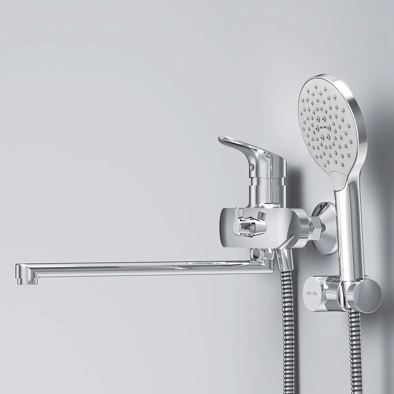 Смеситель для ванны и душа AM.PM Like F8095000 длинный излив, душевая лейка, шланг 1750, хром