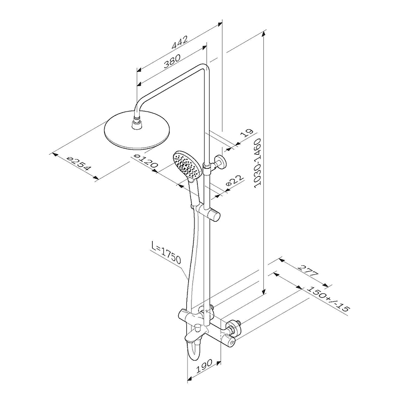 Душевая система AM.PM Like F0780564 стойка с тропическим душем, термостатом, смесителем, изливом, хром