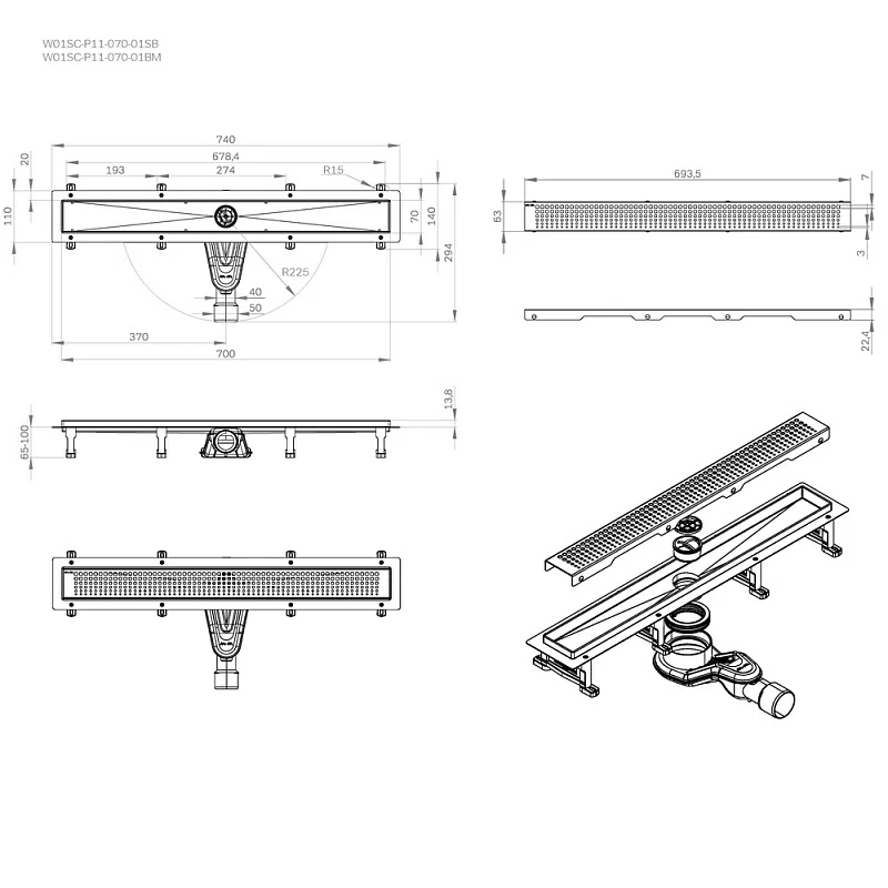 Душевой трап (лоток) 70 AM.PM MasterFlow W01SC-P11-070-01BM комбинированный затвор с черной матовой решеткой