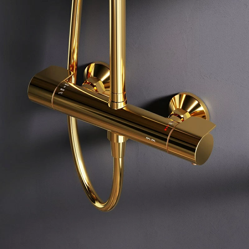 Душевая система AM.PM X-Joy F0785A499 стойка с тропическим душем, термостатом, смесителем, золото