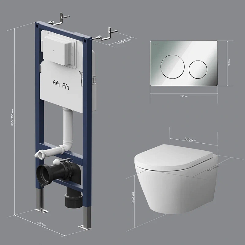 Унитаз подвесной безободковый с инсталляцией AM.PM Func IS90151.8F1701 сиденьем микролифт, хром механ. клавишей