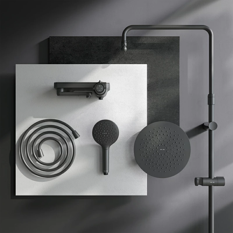 Душевая система AM.PM Like F0780722 стойка с тропическим душем, смесителем, изливом, черная матовая