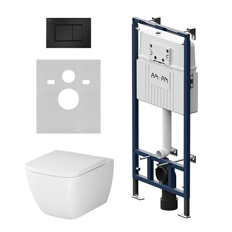 Унитаз подвесной безободковый с инсталляцией AM.PM Gem IS100238.901701 сиденьем микролифт, черной механ. клавишей