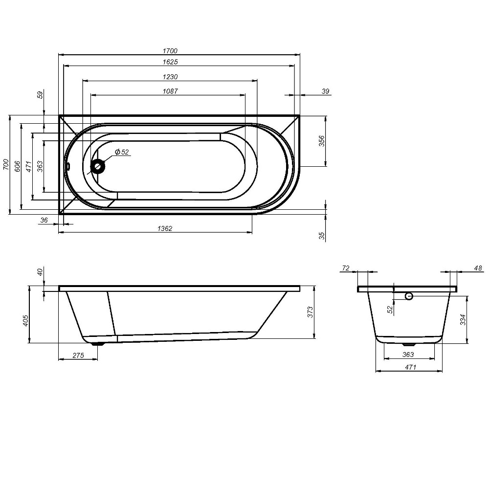 Ванна акриловая, угловая, левосторонняя 170x70 см X-Joy W94A-170L70W-A, Белый
