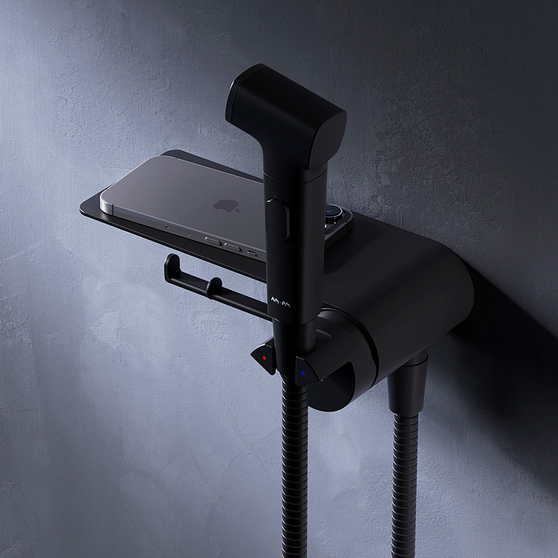 Гигиенический душ со смесителем AM.PM Func F0H8F922 черный встраиваемый, полка, шланг 1200, держатель туалетной бумаги
