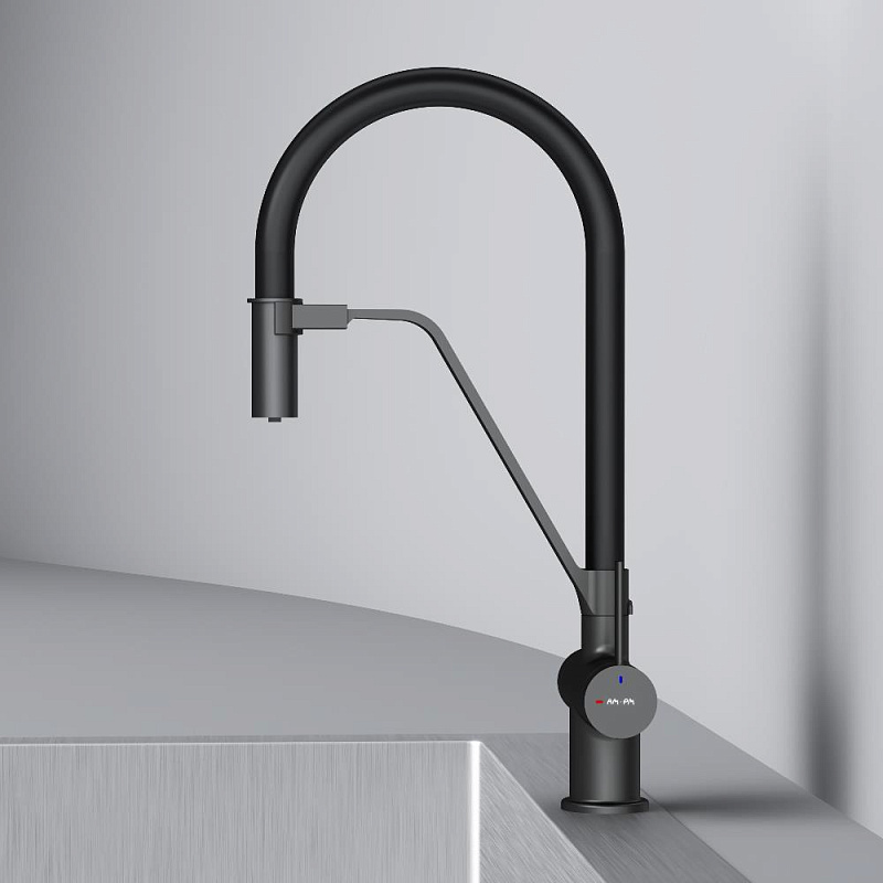 Смеситель для кухни AM.PM Func F8F07822 высокий, черный с каналом для питьевой воды и гибким черным изливом