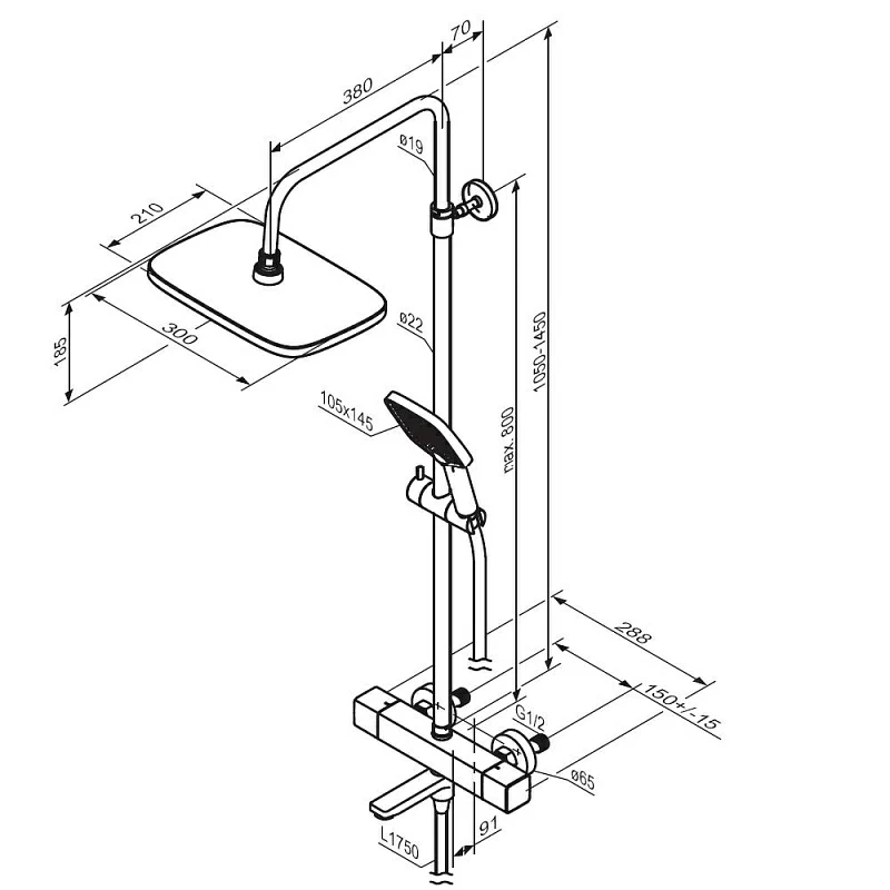 Душевая система Damixa Gala 953810300 стойка с тропическим душем, термостатом, смесителем, черная матовая