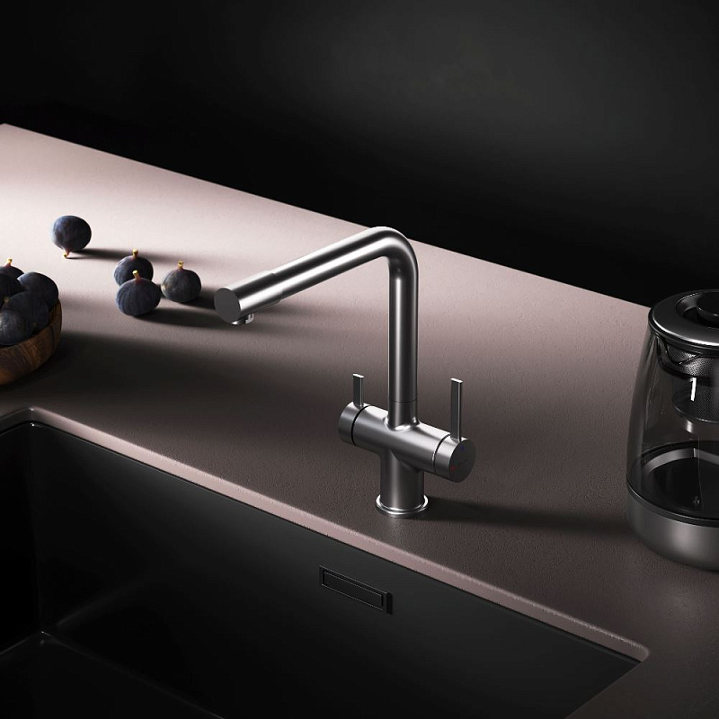 Смеситель для кухни AM.PM Func F8F05711 высокий с L-изливом с каналом для питьевой воды, сатин