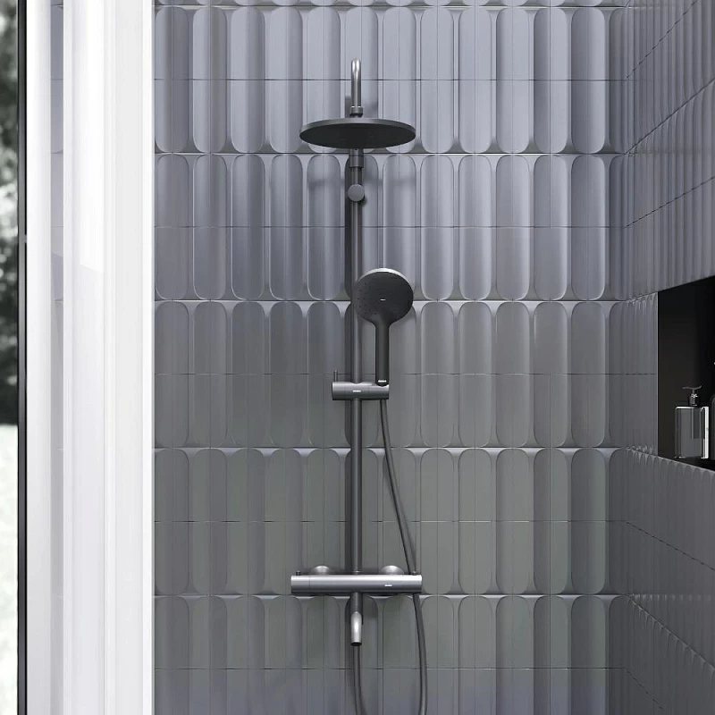 Душевая система Damixa Jupiter 977810300 стойка с тропическим душем, термостатом, смесителем, изливом, черная матовая