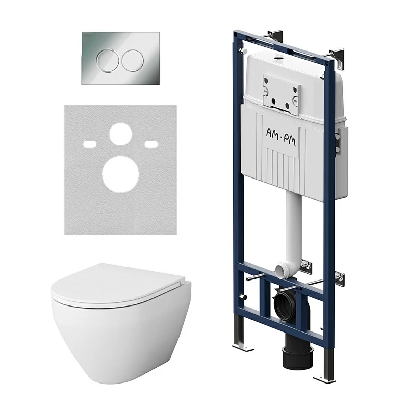 Унитаз подвесной безободковый с инсталляцией AM.PM Spirit 2.0 IS100151.701700 сиденьем микролифт, хром механ. клавишей