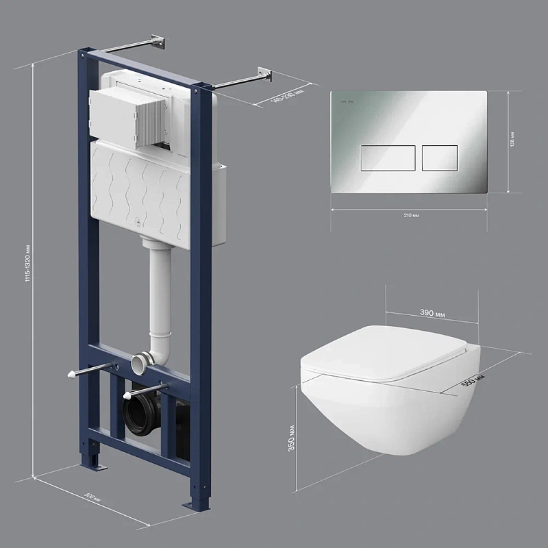 Унитаз подвесной безободковый с инсталляцией AM.PM Inspire 2.0 IS47051.50A1700 сиденьем микролифт, хром пневм. клавишей