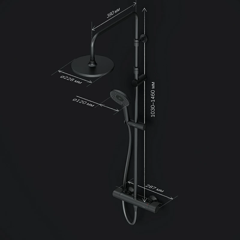 Душевая система AM.PM X-Joy F0785A422 стойка с тропическим душем, термостатом, смесителем, черная матовая
