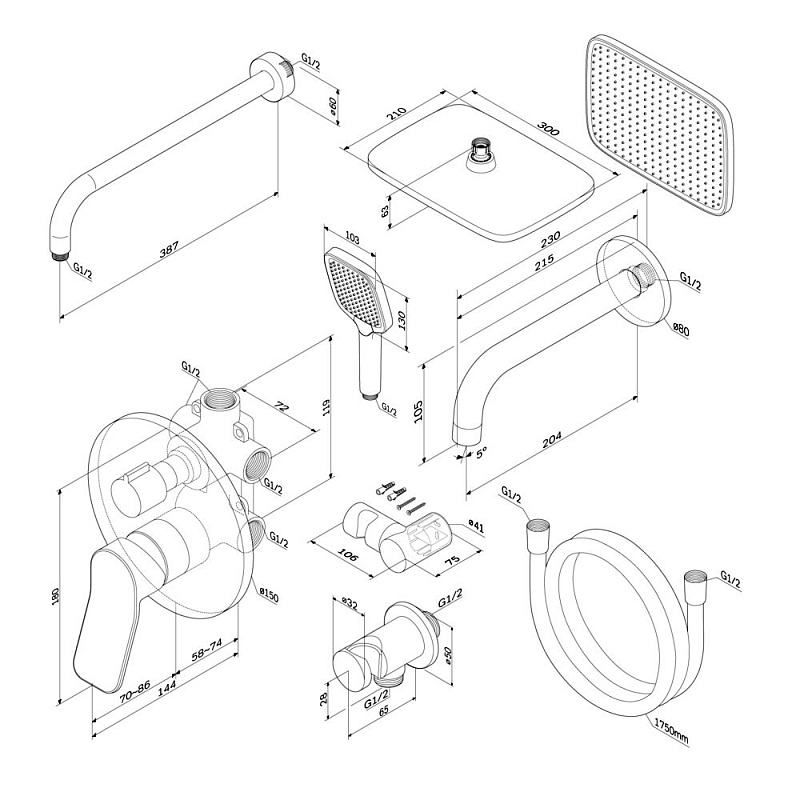 Встраиваемая душевая система AM.PM X-Joy FB85A3RH42 черный: тропический верхний душ, излив с душевой лейкой