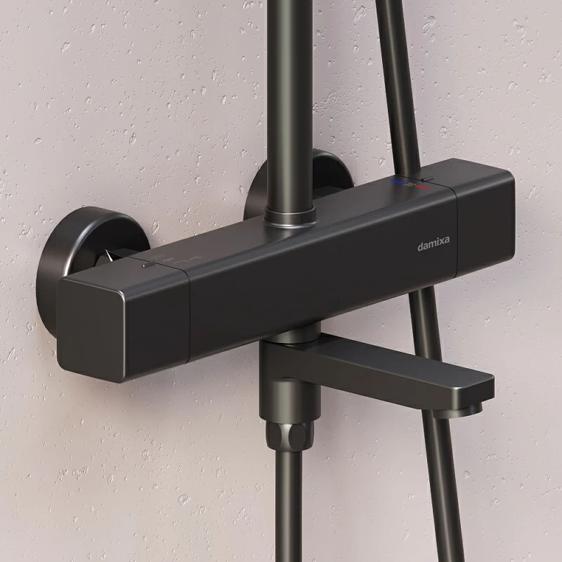 Душевая система Damixa Gala 953810300 стойка с тропическим душем, термостатом, смесителем, черная матовая