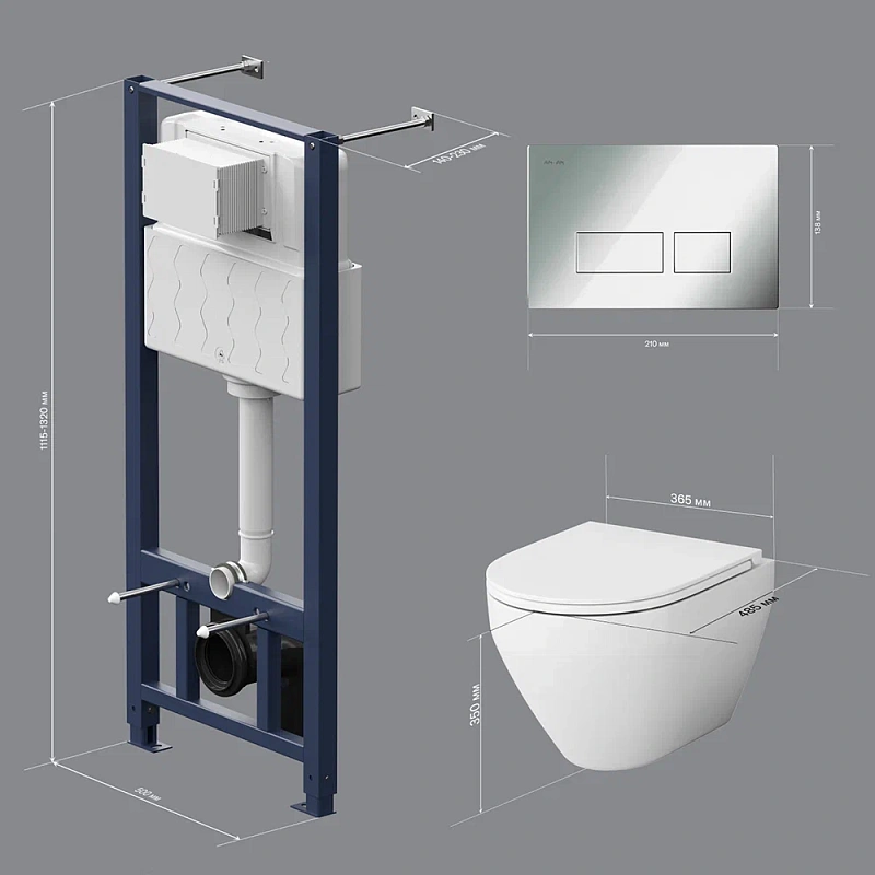 Унитаз подвесной безободковый с инсталляцией AM.PM Spirit 2.0 IS47051.701700 сиденьем микролифт, хром пневм. клавишей