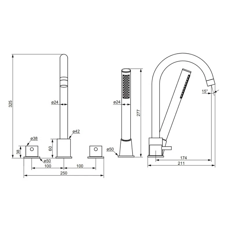 Смеситель для ванны и душа Damixa Scandinavian Pure 360400300 на борт, душевая лейка, шланг 1500, черный