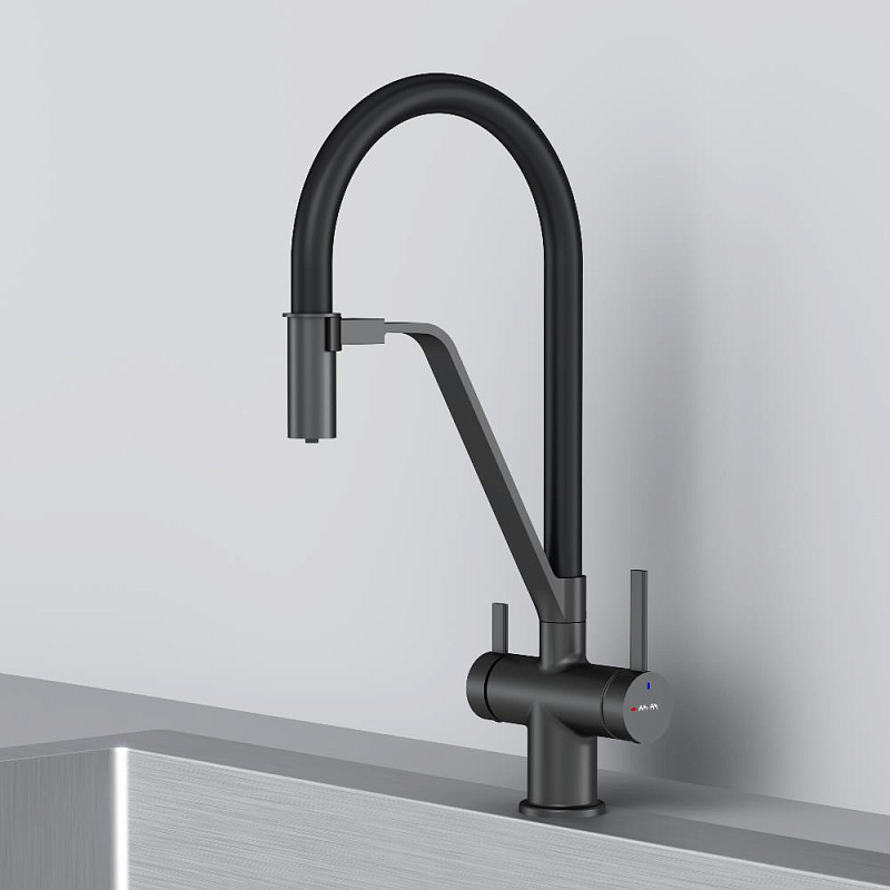 Смеситель для кухни AM.PM Func F8F07822 высокий, черный с каналом для питьевой воды и гибким черным изливом