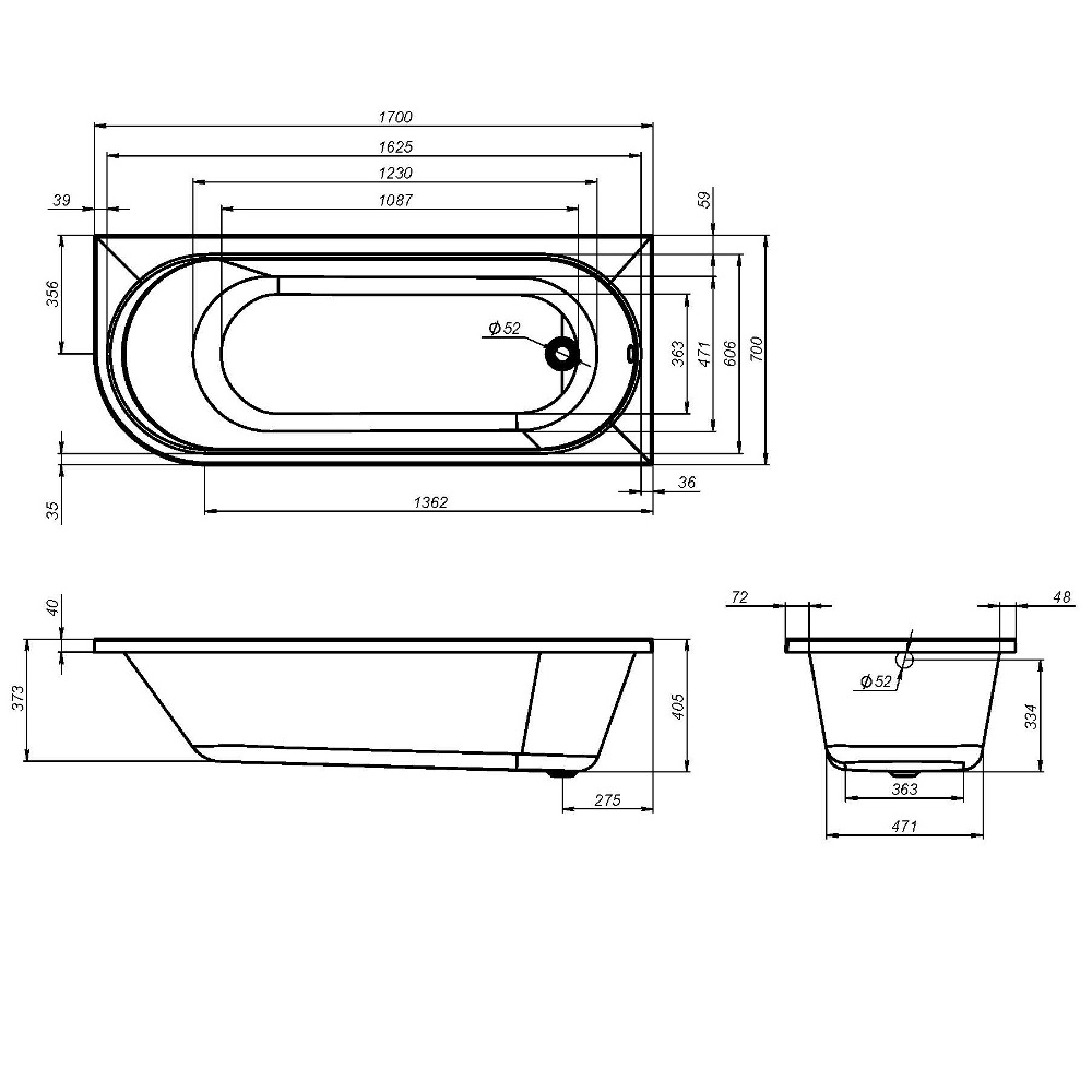 Ванна акриловая угловая правосторонняя, 170x70 см X-Joy W94A-170R70W-A, Белый