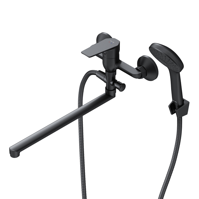 Смеситель для ванны и душа AM.PM Gem F90A90122 длинный излив, душевая лейка, шланг 1500, черный
