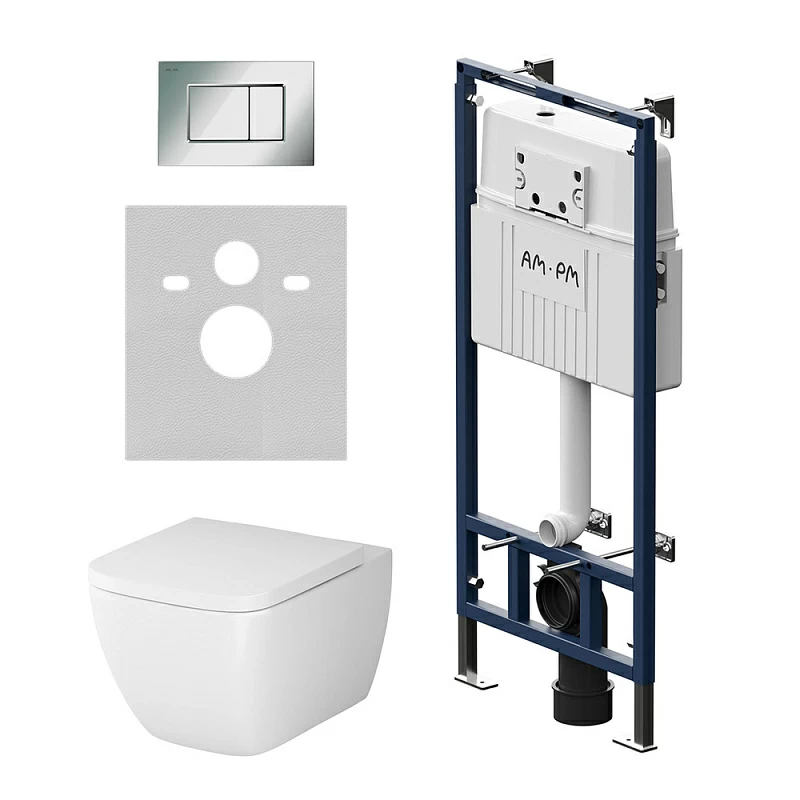 Унитаз подвесной безободковый с инсталляцией AM.PM Gem IS100251.901701 сиденьем микролифт, хром механ. клавишей