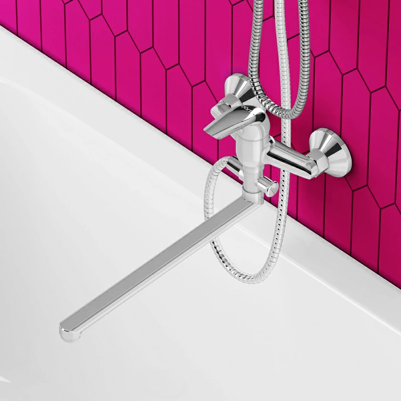 Смеситель для ванны и душа Dorff Stark D1109500 длинный излив, душевая лейка, шланг 1500, хром