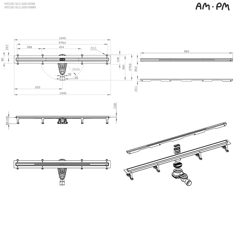 Душевой трап (лоток) 100 AM.PM MasterFlow Slim W01SC-S11-100-05SB комбинированный затвор со стальной матовой решеткой