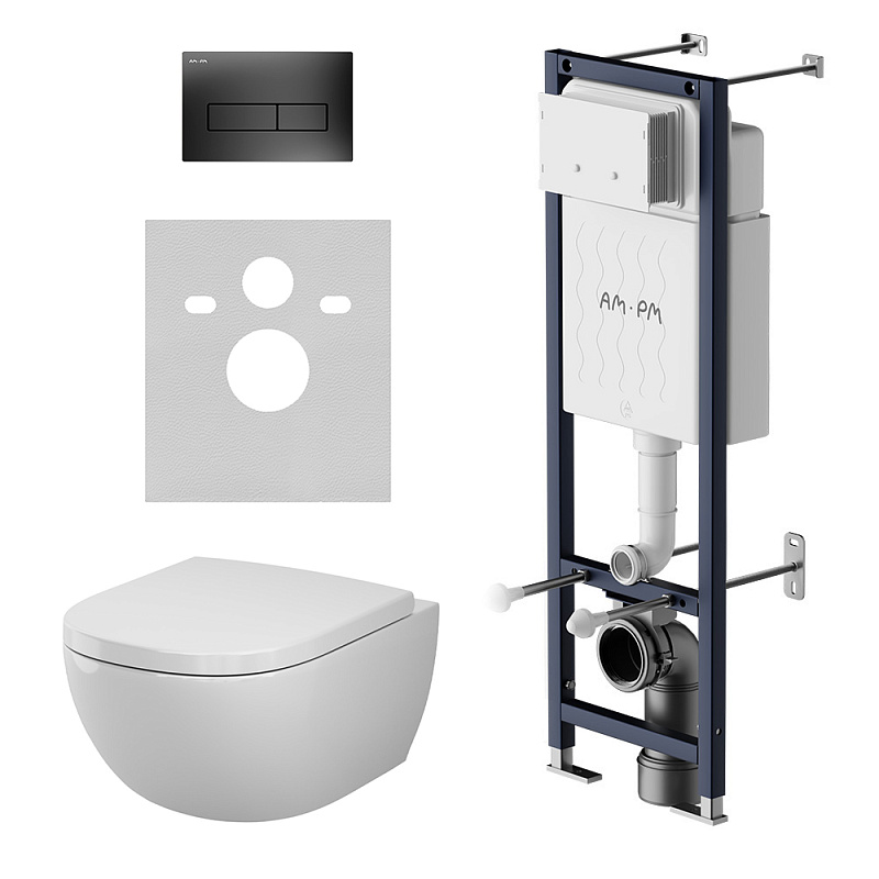 Унитаз подвесной безободковый с инсталляцией AM.PM Above IS110338.9X1900 сиденьем микролифт, черной механ. клавишей