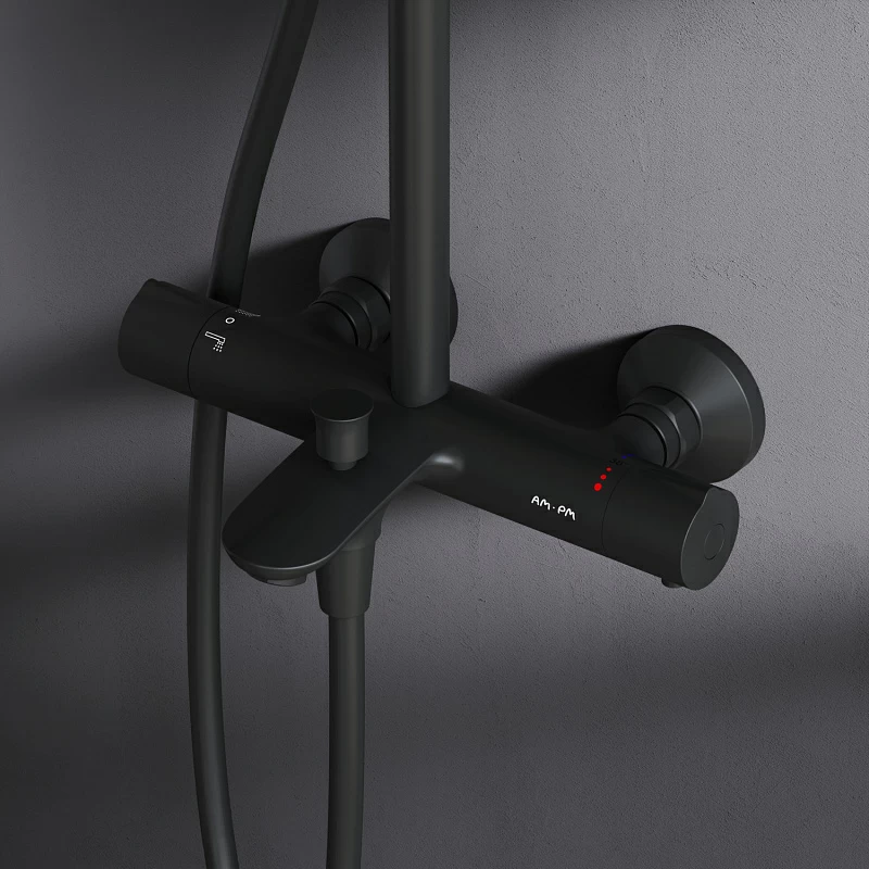 Душевая система AM.PM Like F0780522 стойка с тропическим душем, термостатом, смесителем, изливом, черная матовая