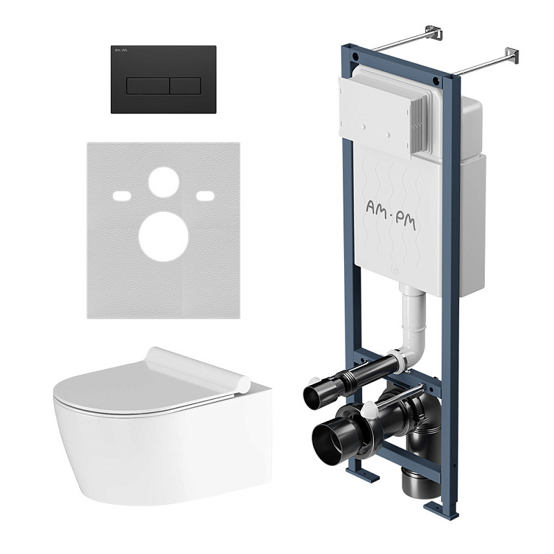 Унитаз подвесной безободковый с инсталляцией Damixa Jupiter IS110338.DX77C1700 сиденьем микролифт, черной механ. клавишей