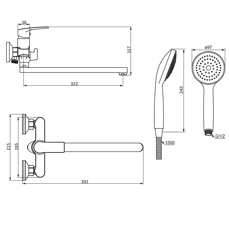 Смеситель для ванны и душа Damixa Eclipse 2.0 489500000 длинный излив, душевая лейка, шланг 1500, хром