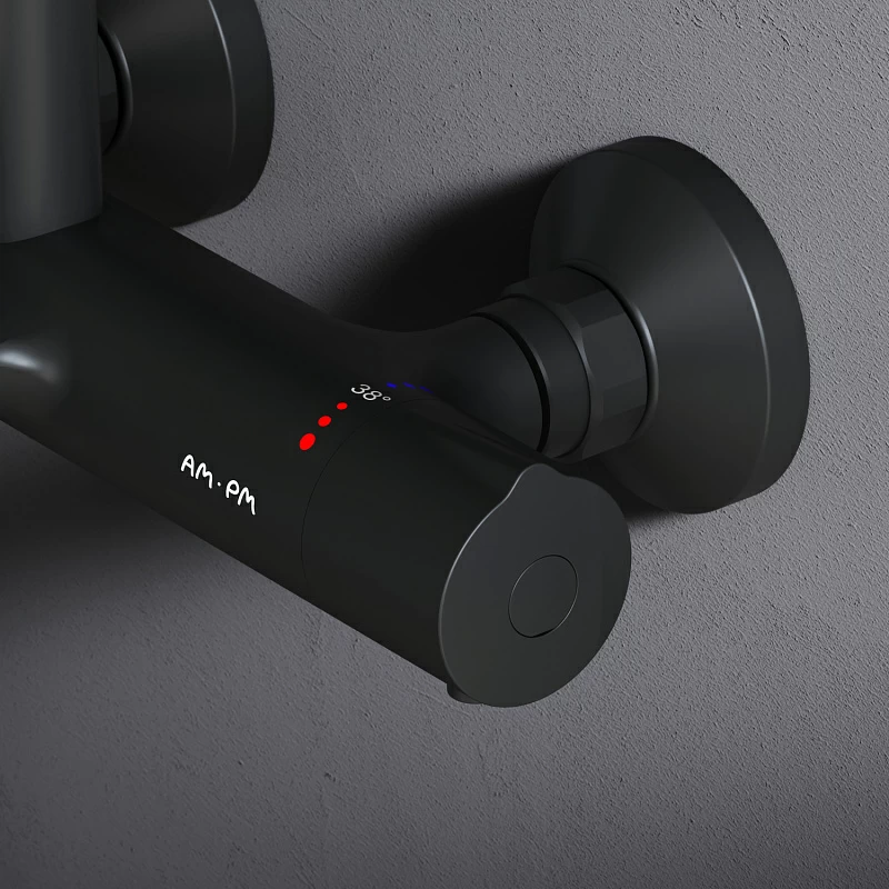 Душевая система AM.PM Like F0780522 стойка с тропическим душем, термостатом, смесителем, изливом, черная матовая