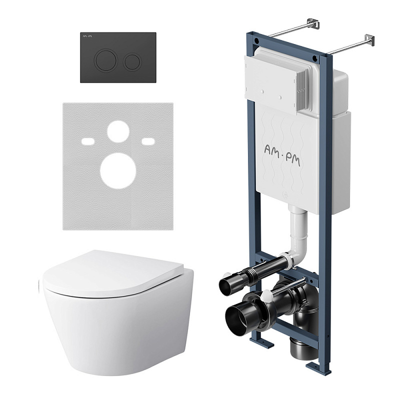 Унитаз подвесной безободковый с инсталляцией AM.PM ErgoFit IS110138.741701 сиденьем микролифт, черной механ. клавишей