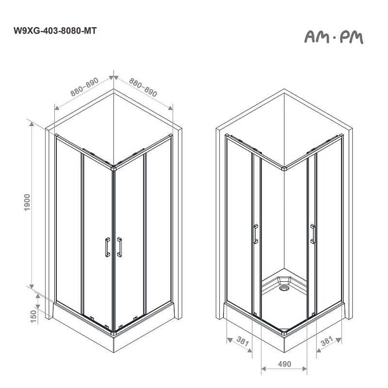 Душевое ограждение без поддона 90x90 AM.PM Above W9XG-403-9090-MT профиль серебристый