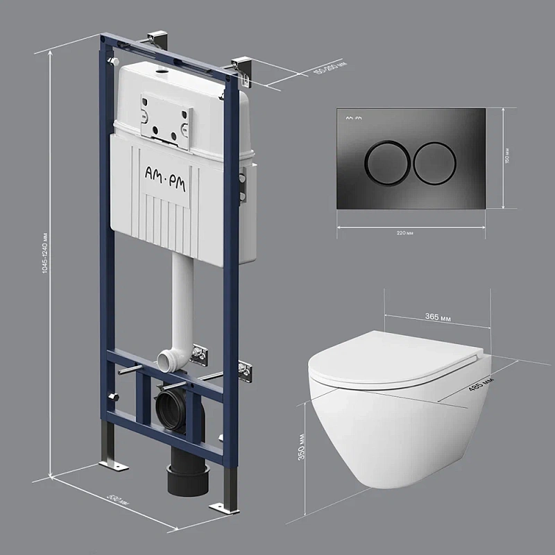 Унитаз подвесной безободковый с инсталляцией AM.PM Spirit 2.0 IS100138.701700 сиденьем микролифт, черной механ. клавишей