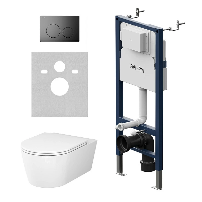 Унитаз подвесной безободковый с инсталляцией AM.PM Func IS90138.8F1701 сиденьем микролифт, черной механ. клавишей