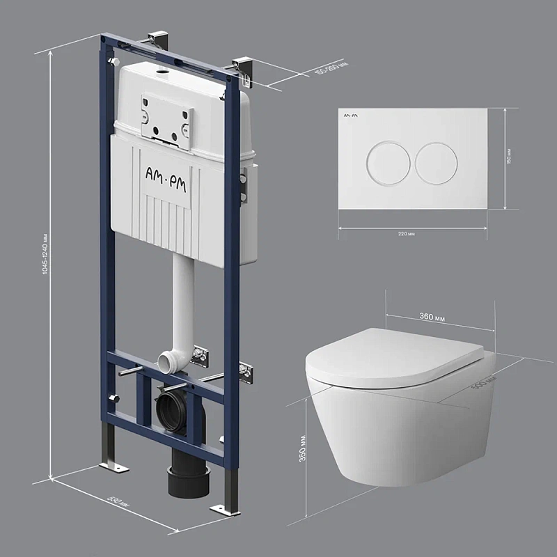 Унитаз подвесной безободковый с инсталляцией AM.PM Sense IS100101.741701 сиденьем микролифт, белой механ. клавишей